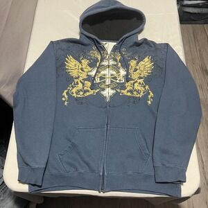 Avirex Brand Mens XL Blue Zip Up Hoodie Y2K Winged Cross Graphic Gold Glitter